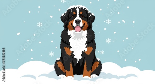 A clean vector illustration of a big fluffy Bernese Mountain Dog sitting happily in a pile of soft snow