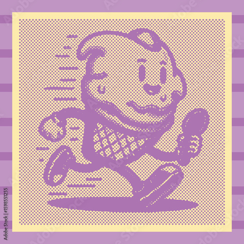  Purple running ice cream cone engraving style, canvas template with stamp dot halftone decor, vintage vector illustration, detailed line art, retro design, decorative summer dessert theme