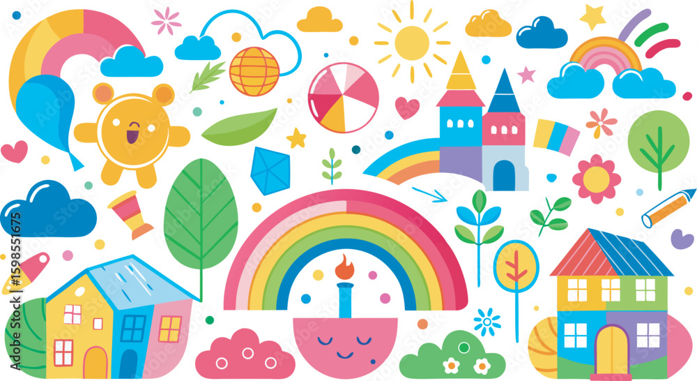 Fototapeta premium Colorful cartoon elements with houses rainbows and sun