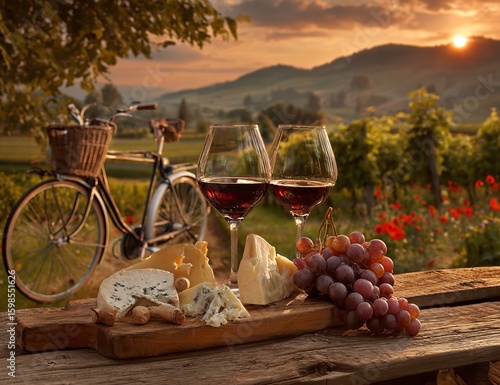 Vineyard Picnic with Wine, Cheese, Grapes, and Vintage Bicycle under Golden Tuscan Light