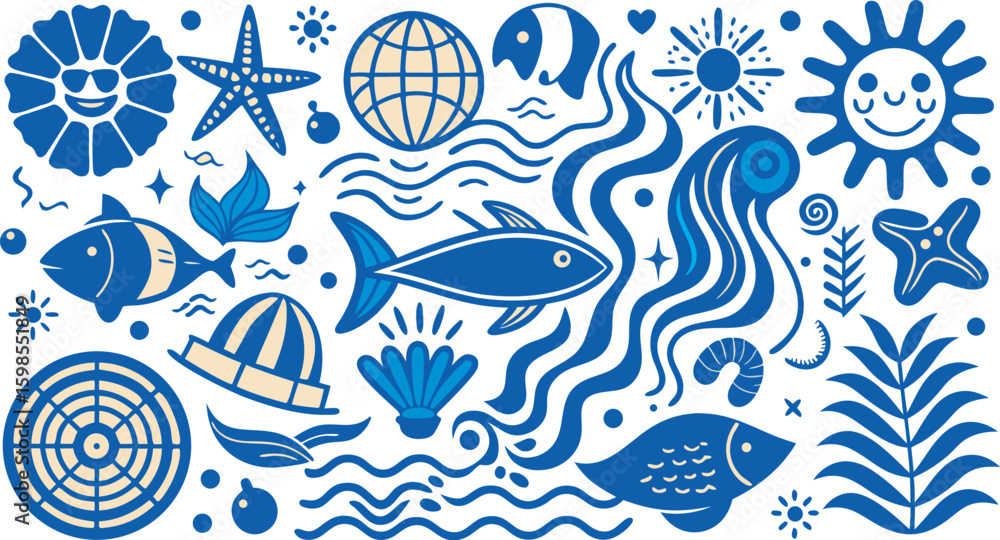 Naklejka premium Blue and beige ocean life and sun motifs marine fish