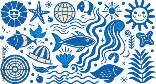 Blue and beige ocean life and sun motifs marine fish