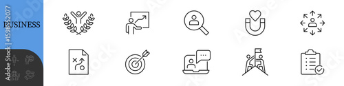 Business Line editable icons set. Vector illustration in modern thin line style of business related icons: integrity, growth, goal, trust, passion, white salary, social package and more