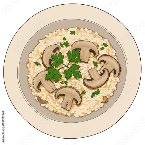 Mushroom risotto served in a round plate garnished with herbs  