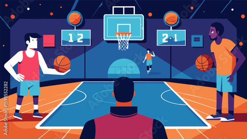 A digital basketball court where players can practice their free throw shooting under various simulated pressure situations like a gamewinning shot or. Vector illustration