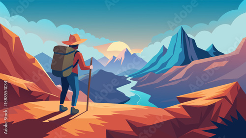 A digital hiker climbs through rocky terrain in a virtual mountain range challenged by steep cliffs and rewarded with stunning panoramic views.. Vector illustration