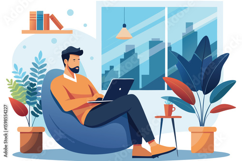 A man with a beard wearing an orange sweater and dark pants sits comfortably in a beanbag chair using a laptop with plants and a city view