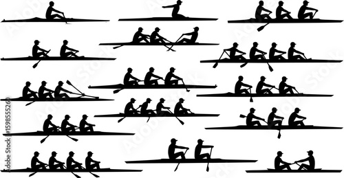 rowing silhouette collection set. water sport, race, transport, teamwork concept. different action, pose. monochrome vector illustration.	
