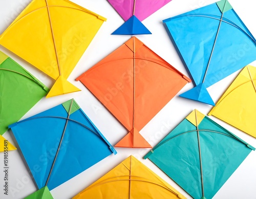 Colorful kites arranged on white background