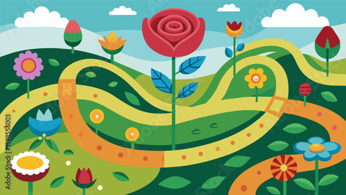 A handpainted map of a garden with each flower representing a different emotion and the paths winding through the garden depicting the ups and downs. Vector illustration
