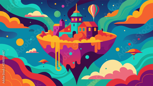 A floating city suspended in a sea of swirling colors and patterns representing the tumultuous nature of the mind and emotions.. Vector illustration