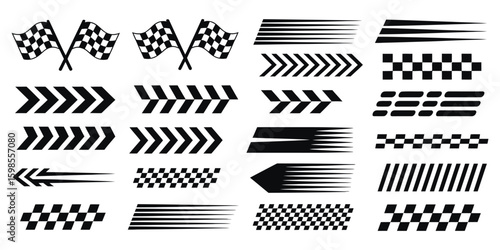 Racing Cars and Stripe Set with Checkered Flags, Finish Line Graphics, Dynamic Lines, Motorsport Elements, Automotive Competition Themes, and Motocross Labels for Speed-Inspired Designs

