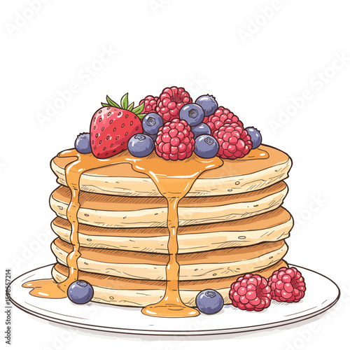 Stack of pancakes topped with strawberries and blueberries on plate  