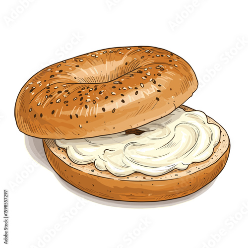 Bagel with cream cheese and sesame seeds on a white background  