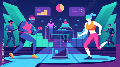 A futuristic virtual race where users have to complete HIIT exercises at designated checkpoints all while competing against other avatars in a. Vector illustration