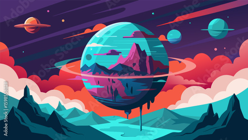 A futuristic scifi planet with unpredictable weather patterns and diverse terrain providing climbers with endless challenges and surprises.. Vector illustration