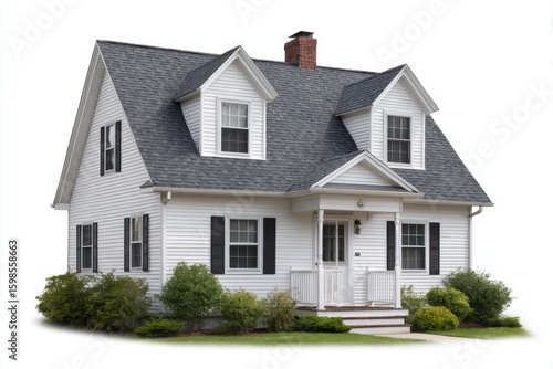 Charming traditional american two story house with dormer windows and landscaping isolated on white background