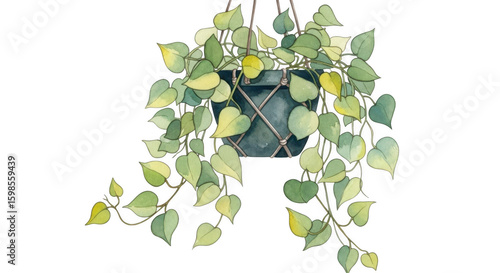 Watercolor illustration of a hanging pothos plant isolated on white isolated on transparent background