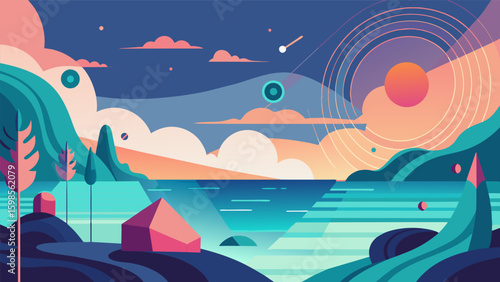 A digital animation of abstract shapes and lines dancing to the gentle hum of a calm ocean soundscape.. Vector illustration
