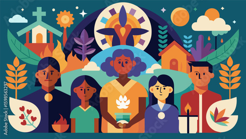 A collaborative mural depicting various cultural symbols and traditions representing the diversity and unity within the communitys healing process.. Vector illustration