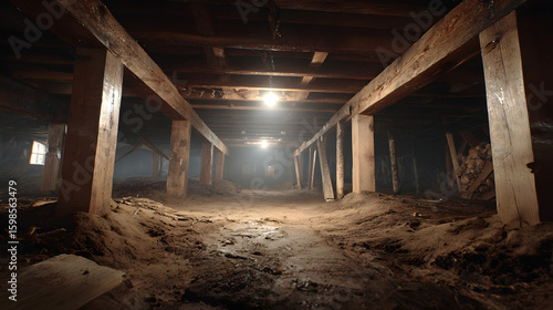 Fototapeta Naklejka Na Ścianę i Meble -  Dim crawl space featuring exposed wooden beams and dirt floor, showcasing typical structural conditions and highlighting urgent foundation repair and maintenance requirements in residential 71873164 1