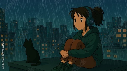Lo-fi girl with cat under the rain.