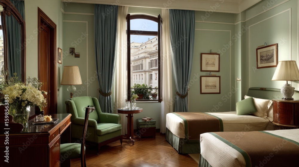 Fototapeta premium Twin beds in a classic hotel room with a city view.