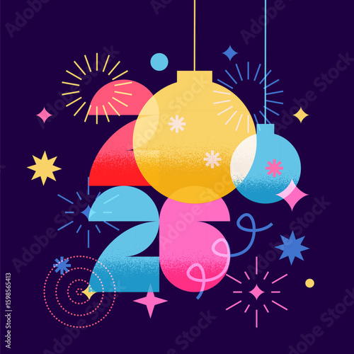 2026 number with Christmas tree toy ball and fireworks background. Vector illustration. New Year holiday design elements