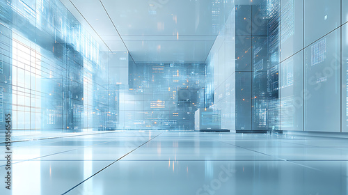 Futuristic Data Center Interior Abstract Modern Architecture with Digital Code Overlay