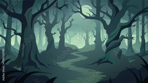 A dense misty forest with twisting trees and ominous shadows portrays feelings of fear and uncertainty.. Vector illustration