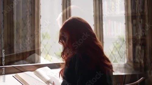 Woman with red hair reading a large book in a library near a window and bookshelf