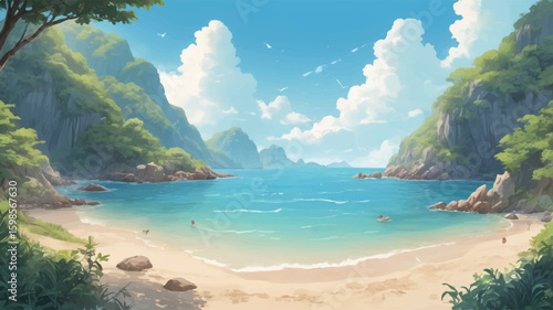 Tropical beach with turquoise water, blue sky, lounge chairs, and striped umbrellas. Peaceful summer vacation scene with white sand, lush greenery, and calm ocean waves. Idyllic paradise.