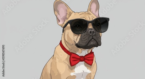  A stylish digital illustration of a fawncolored French Bulldog wearing oversized black sunglasses and a red bow tie