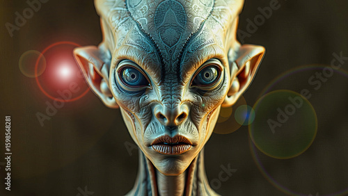 A science fiction illustration closeup image of an alien staring starkly into the camera.