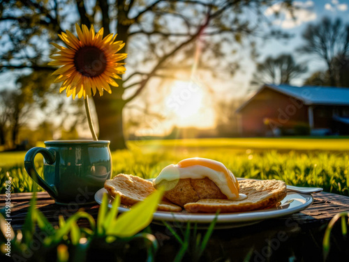 A summer illustration of a breakfast at sunrise on the grass of coffee, toasted bread, and eggs, with trees, a house, the sun, and a sunflower in the background.