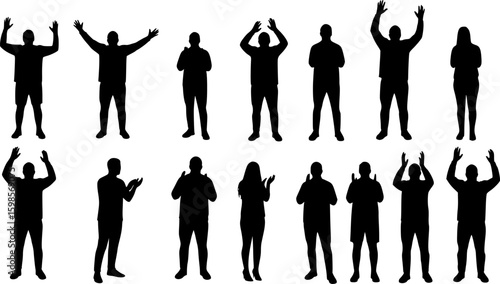 Applause people. Cheerful crowd cheering. Hands up. Silhouette vector	