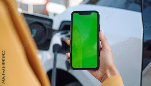 Woman uses phone with EV charging.