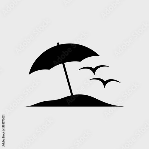 Tranquil beach getaway concept with umbrella and flying birds, symbolizing peaceful summer vacation and relaxation.