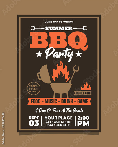 Brown and Orange Illustrative Summer BBQ Party Vertical Poster or Flyer Invitation Template