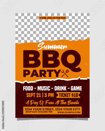 Red and Orange Illustrative BBQ Summer Party Vertical Poster Invitation Template