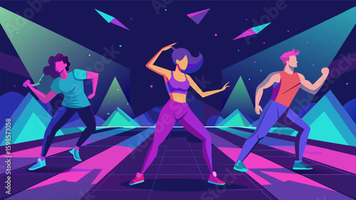 A lively virtual aerobics class with neon lights and vibrant backgrounds to keep the energy high.. Vector illustration