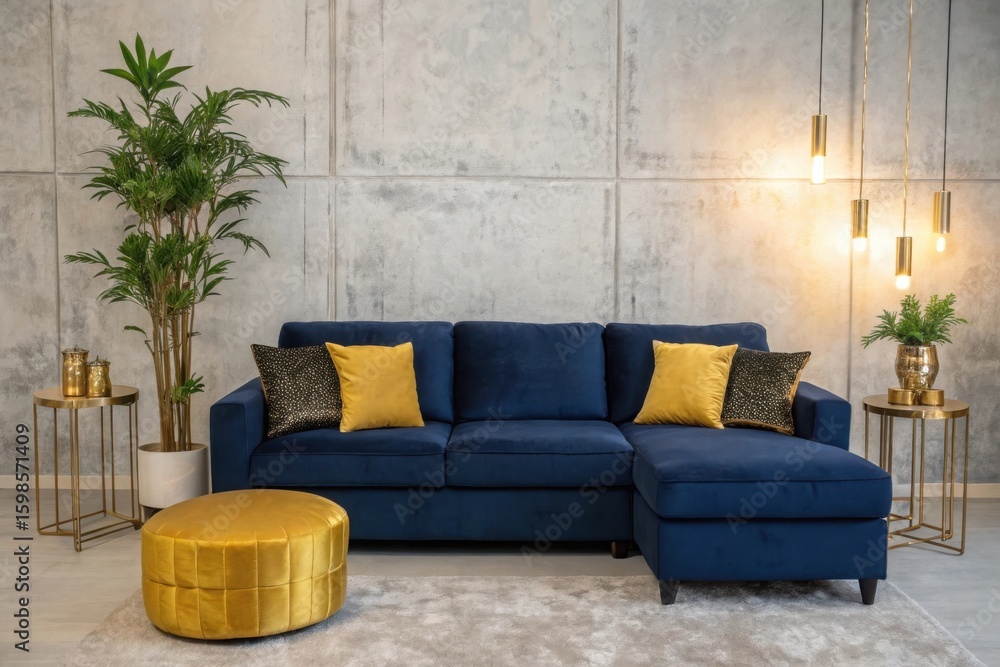 Fototapeta premium Modern living room with a plush navy sectional sofa and gold accent pieces