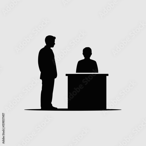 Professional silhouettes depicting a business interaction between a standing client and a seated administrator at a desk.