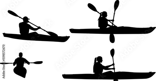 vector silhouettes of a male and female "flat water" kayaking together in a tandem kayak. 2 Vector Silhouettes of a man kayaking and a woman kayaking in a single	