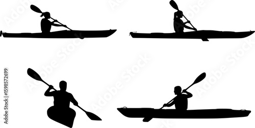 vector silhouettes of a male and female "flat water" kayaking together in a tandem kayak. 2 Vector Silhouettes of a man kayaking and a woman kayaking in a single	