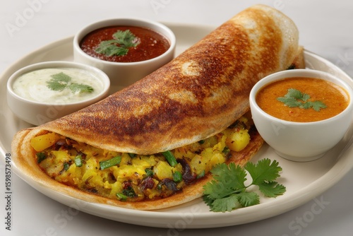 Delicious masala dosa filled with spiced potatoes and vegetables served with sambar and chutney isolated on white background