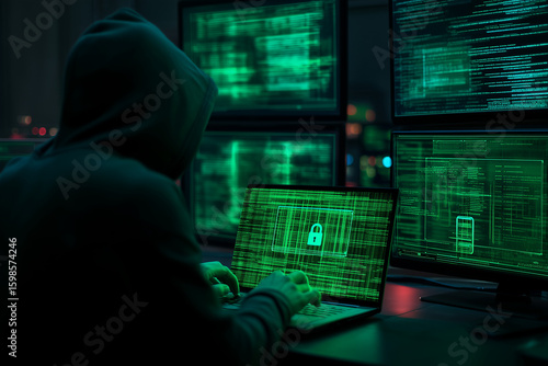 Anonimowy haker pracujący przy komputerze w ciemnym pomieszczeniu. Skoncentrowany, otoczony ekranami z danymi, symbol cyberbezpieczeństwa i zagrożeń online.