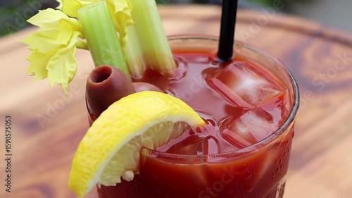 Bloody Mary cocktail with celery, olive, lemon, and ice cubes.