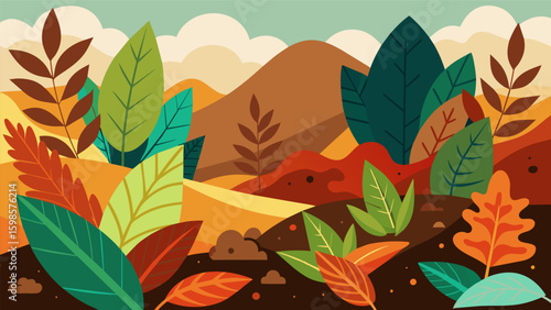 A mixed media painting using vibrant leaves earthy clay and rich soil to create a textured and organic abstract landscape.. Vector illustration