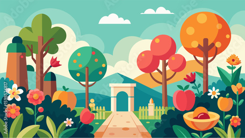 A digital artwork of a garden with blooming flowers and fruit trees symbolizing growth and the idea that there is always soing beautiful and new on. Vector illustration